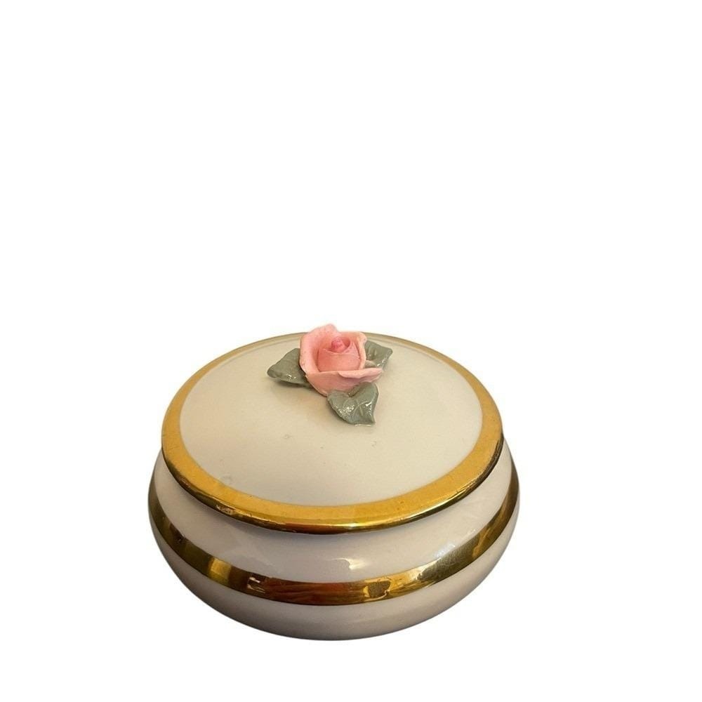 Vintage Bavaria Western Germany‎ Porcelain Trinket Box Pink Rose Gold Trim White